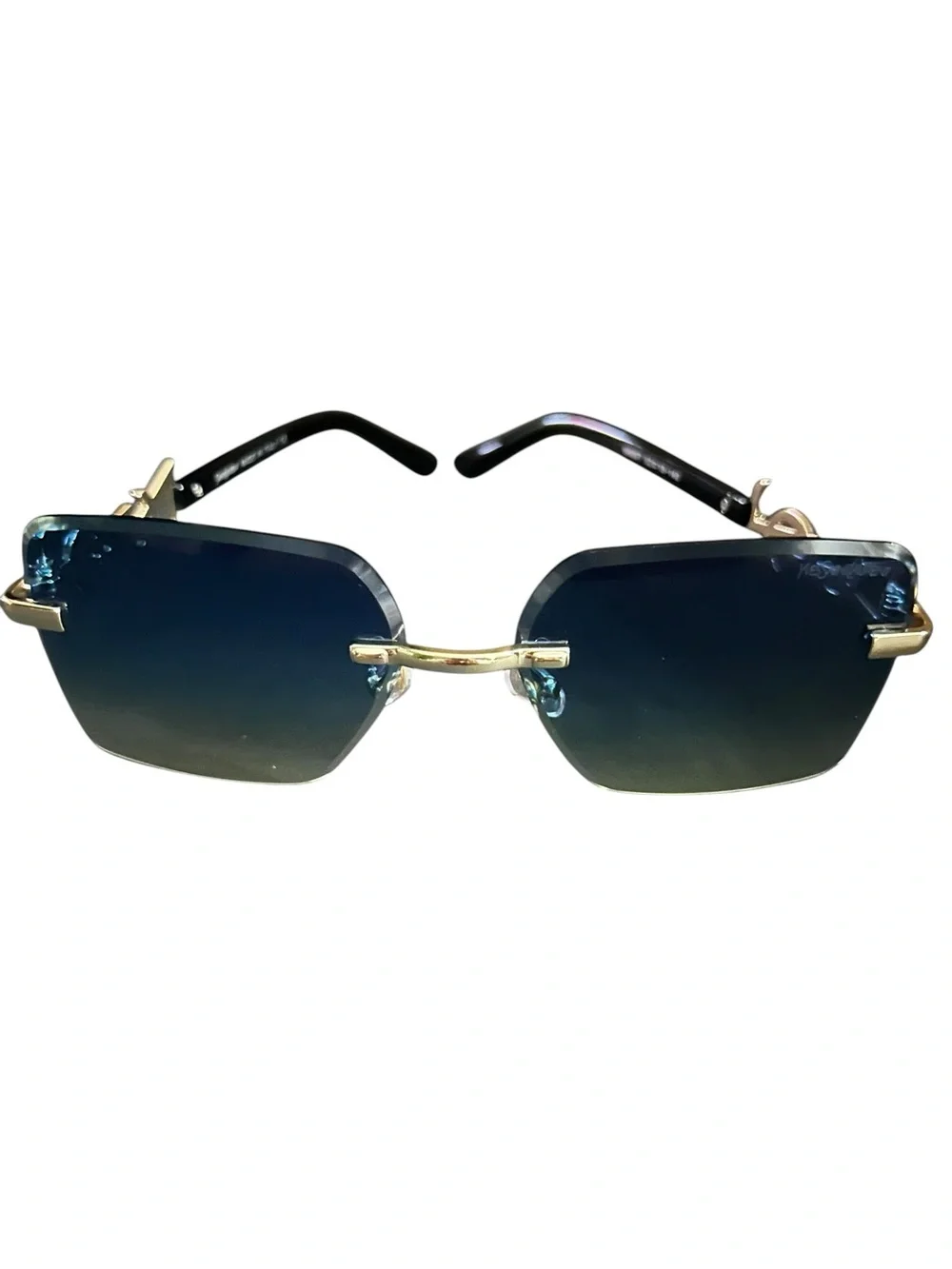 Rimless Blue Gradient Women’s Sunglasses with Gold Bridge
